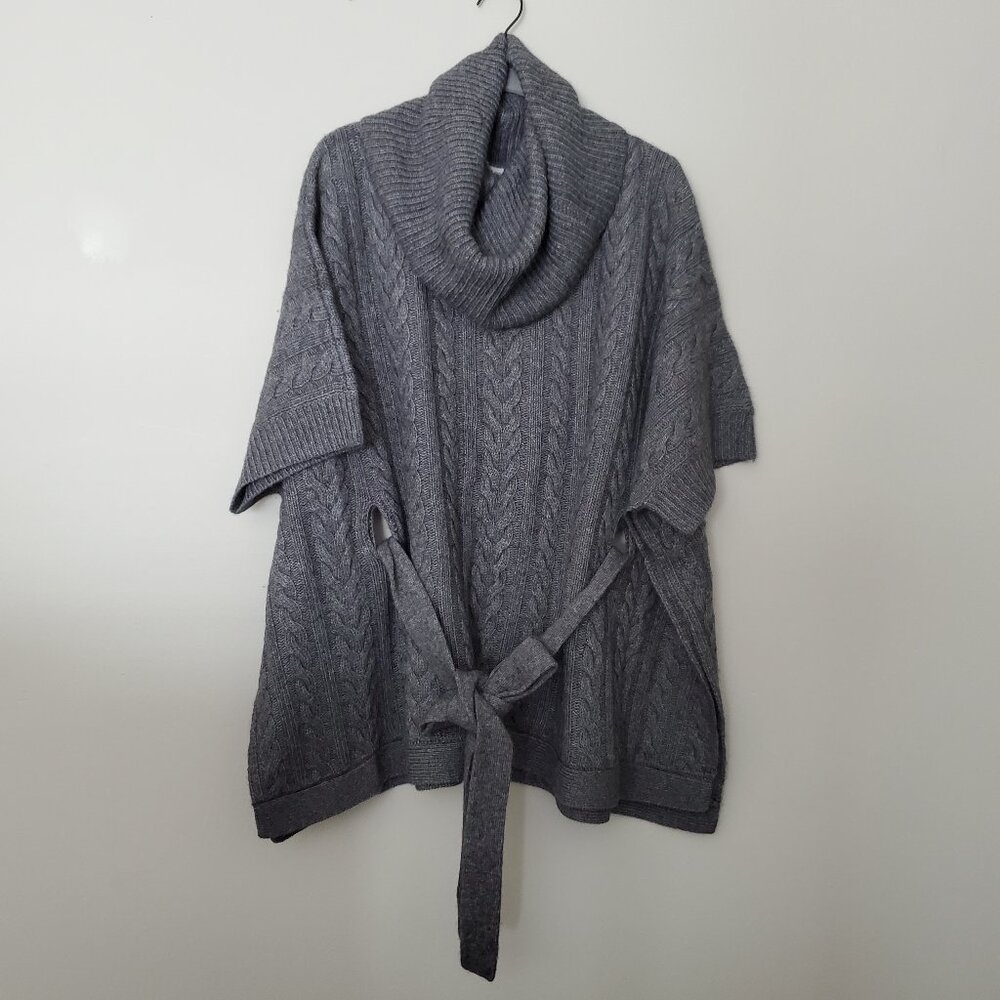NEW Autumn Cashmere Gray Cable Knit Cowl Neck Belted Poncho Sweater S